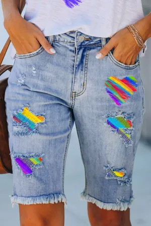 Women Summer Ripped Bermuda Shorts Pride Rainbow Print Distressed Denim Jeans Short