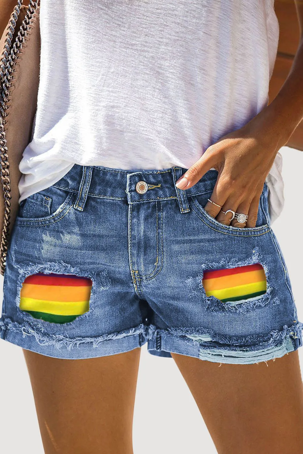 Womens Rainbow Striped Print Distressed Ripped Summer Casual Denim Shorts