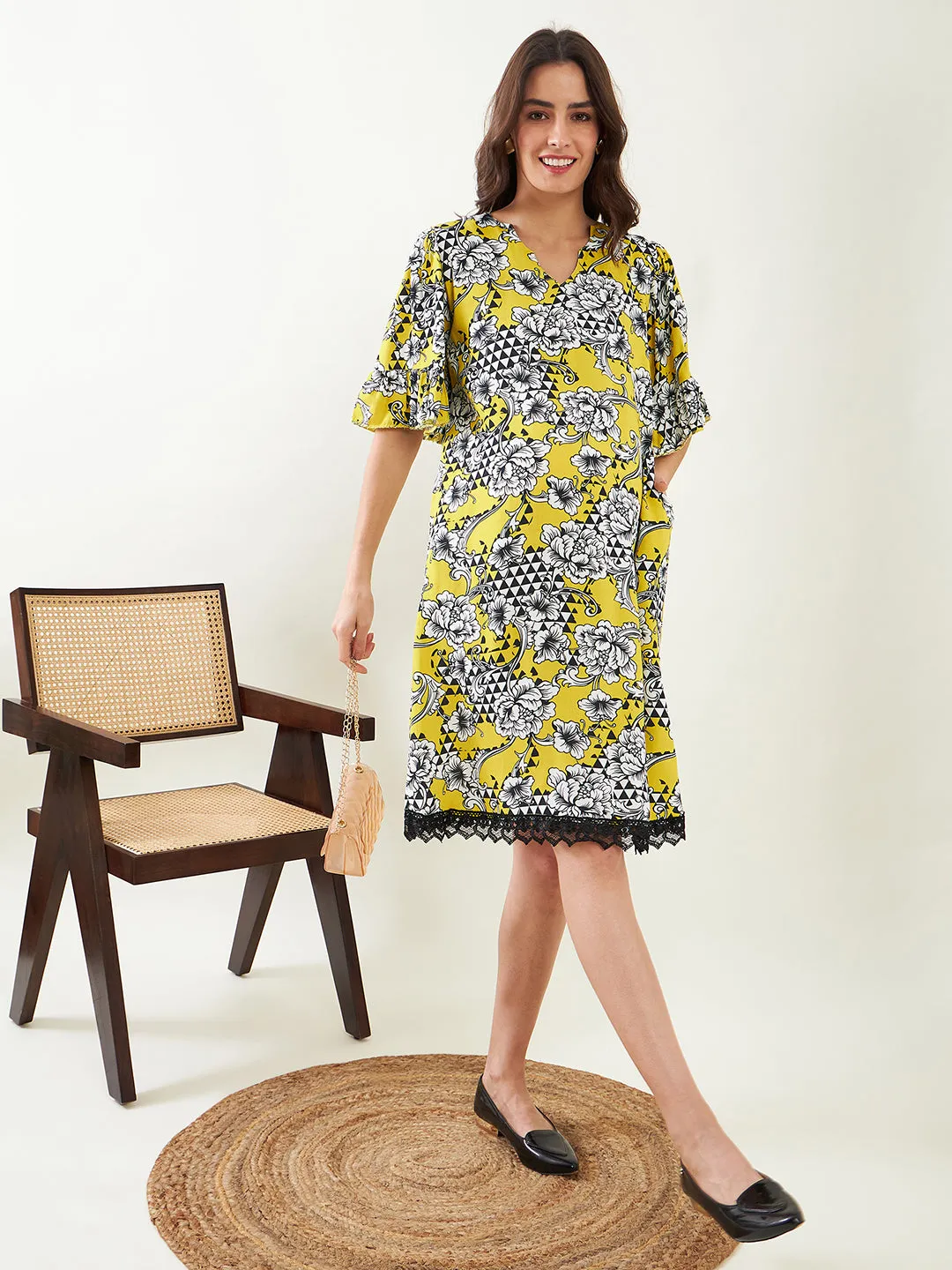 Yellow Abstract Floral Maternity Shift Dress