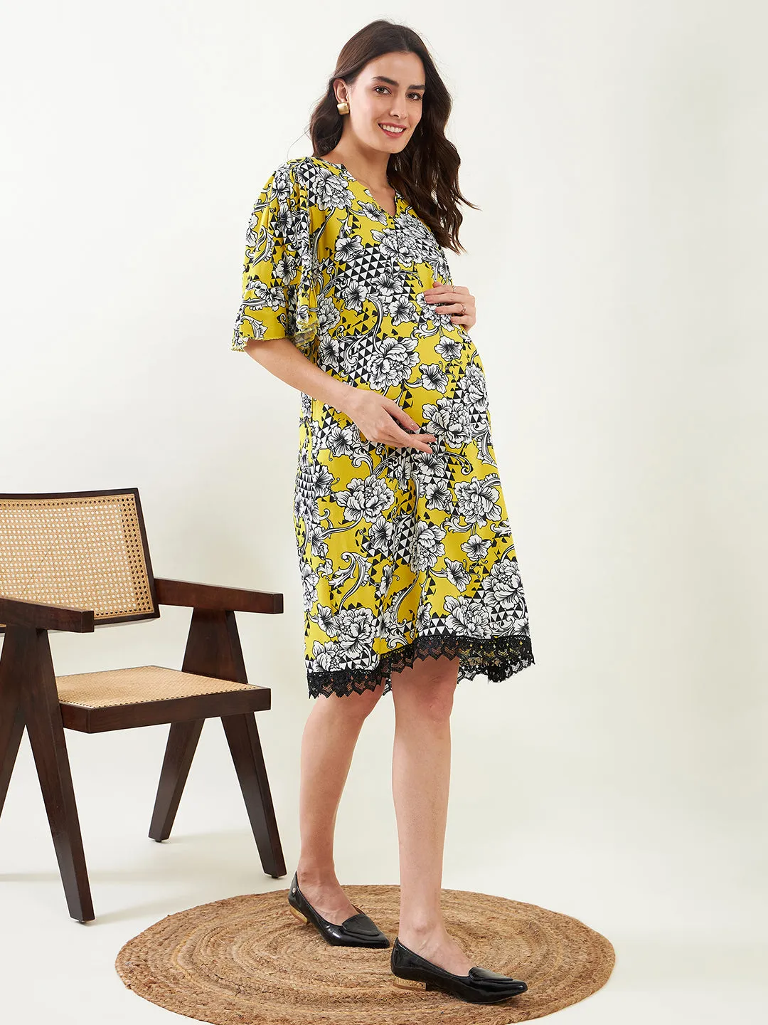 Yellow Abstract Floral Maternity Shift Dress