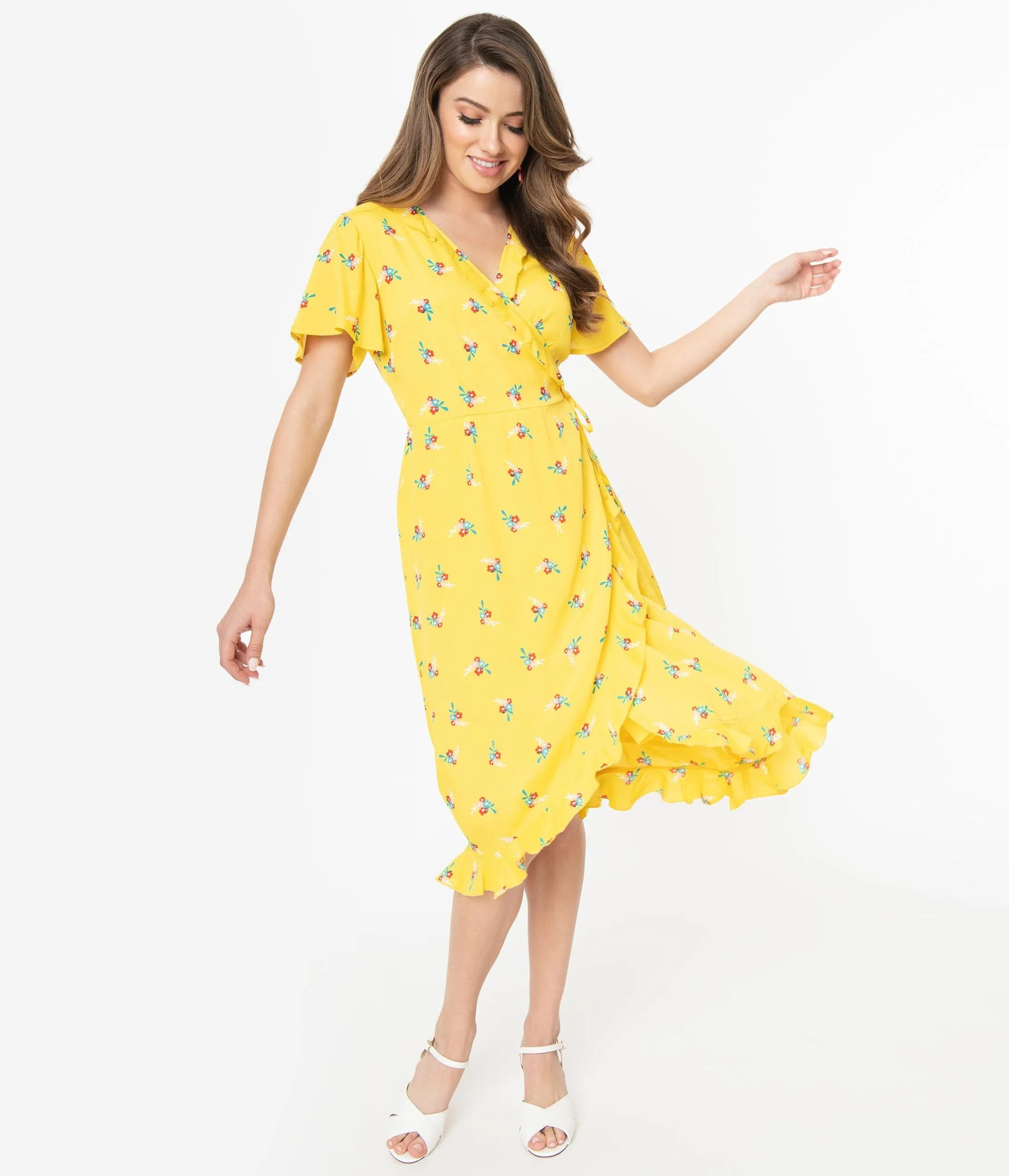 Yellow Floral Bouquet Print Jenny Wrap Dress